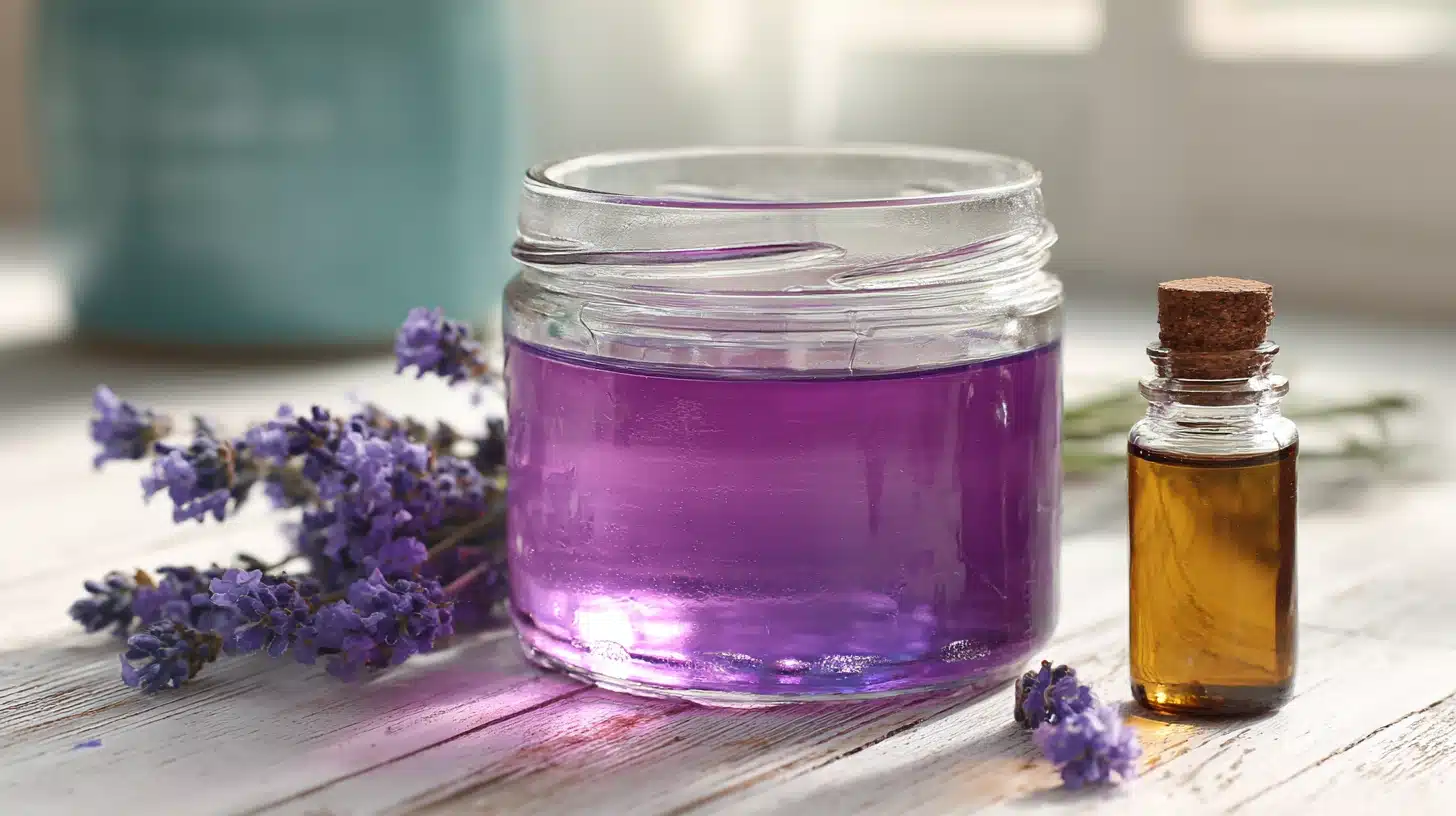 Lavender sprigs rest beside a clear jar containing purple liquid and a small amber essential oil bottle with a cork stopper on a light wooden surface.