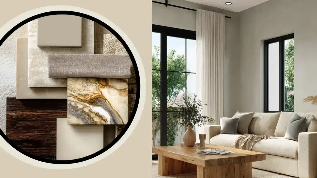 Living room with tan sofa and wood table beside circle showing marble and fabric swatches for home design ideas inthe (1)