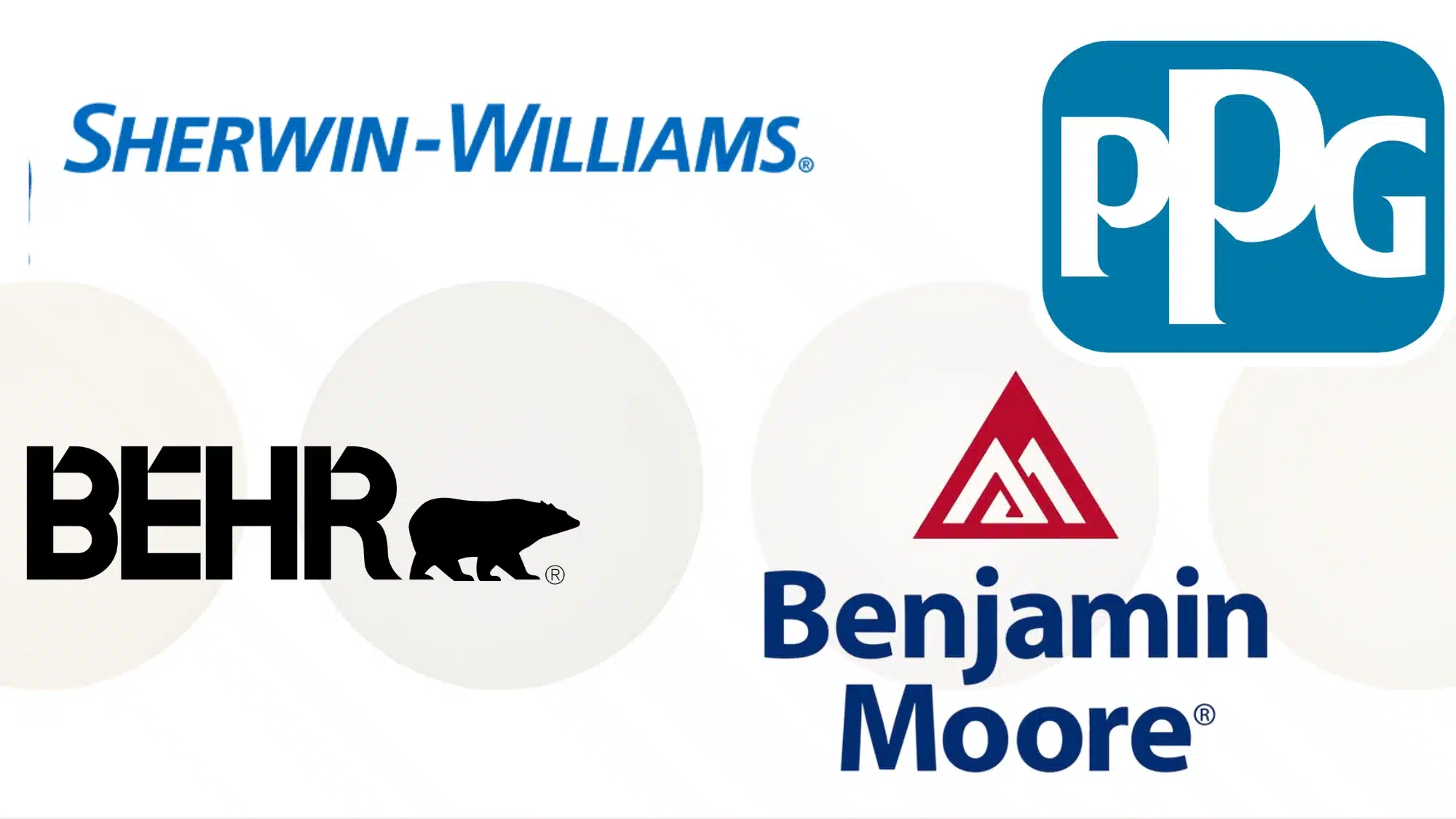 Logos for major paint brands Sherwin-Williams, PPG, Behr, and Benjamin Moore displayed against a white background