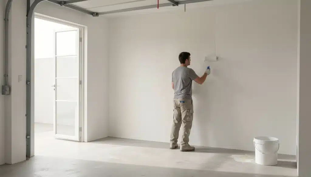 Man in grey shirt and khaki pants uses a roller to paint a white wall inside a large bright room with a concrete floor and an open glass door