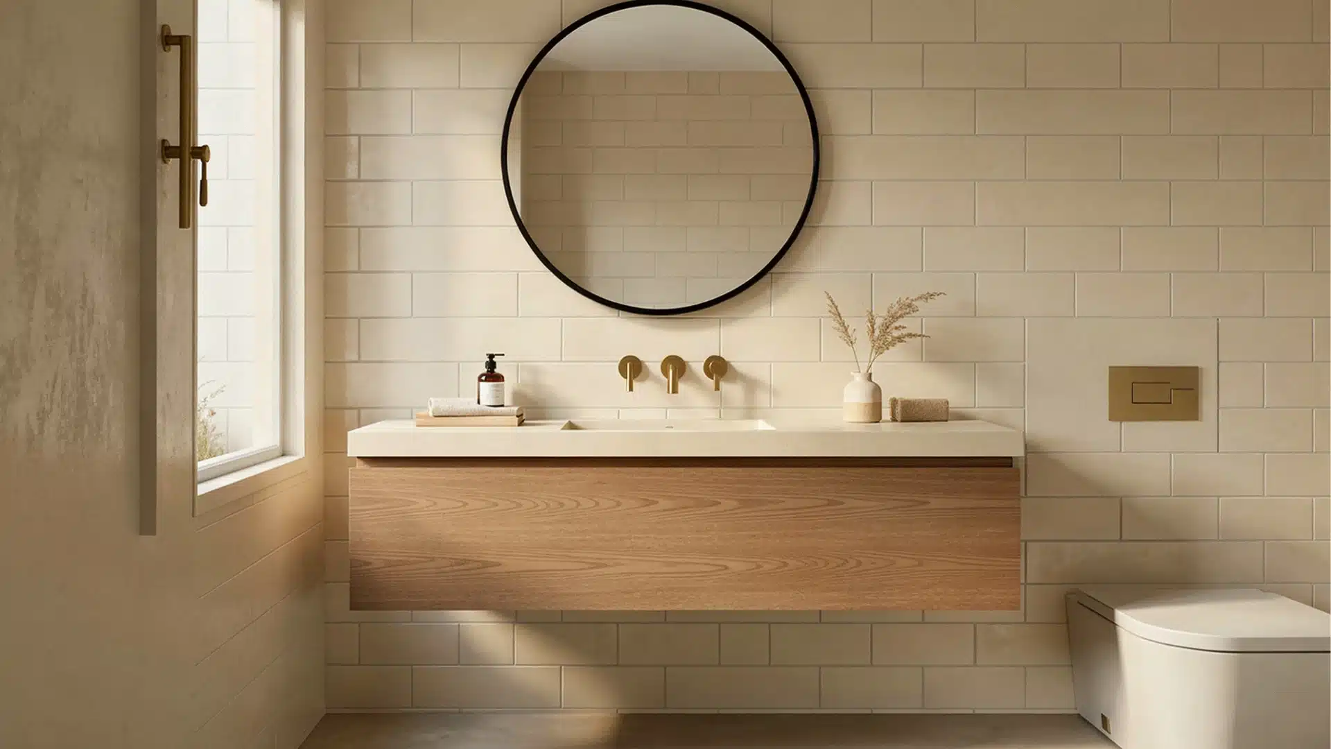 A modern bathroom features a floating wood vanity, brass wall mounted faucets, a round mirror, and beige subway tile walls