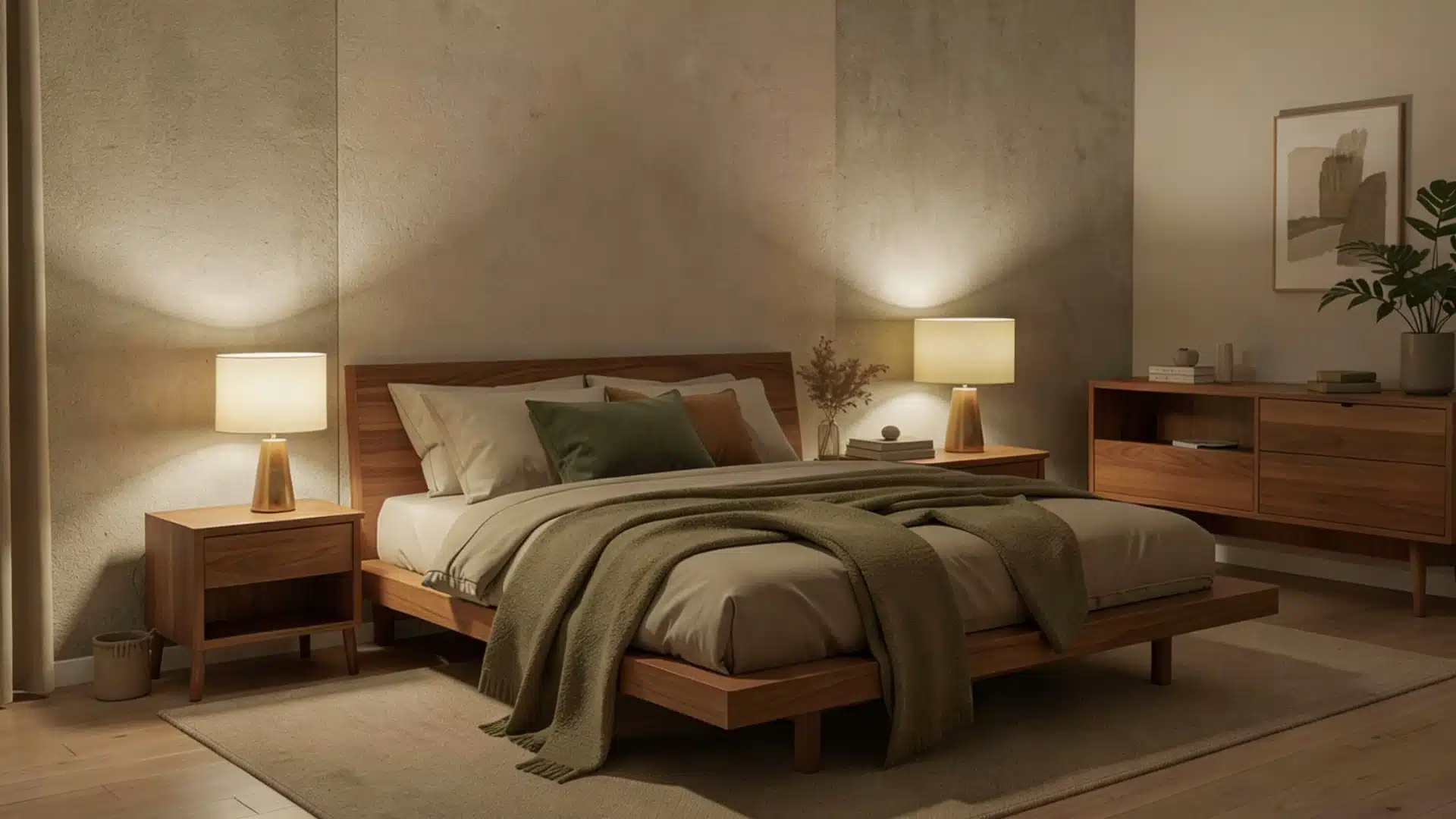 A warmly lit modern bedroom featuring a low wooden bed frame, flanked by matching wooden nightstands with conical table lamps