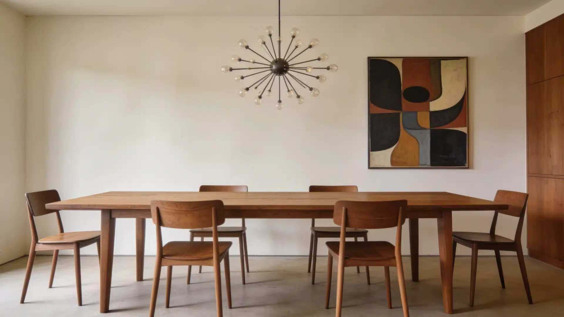 A mid-century modern dining room featuring a long wooden table, six matching chairs, and a sputnik chandelier