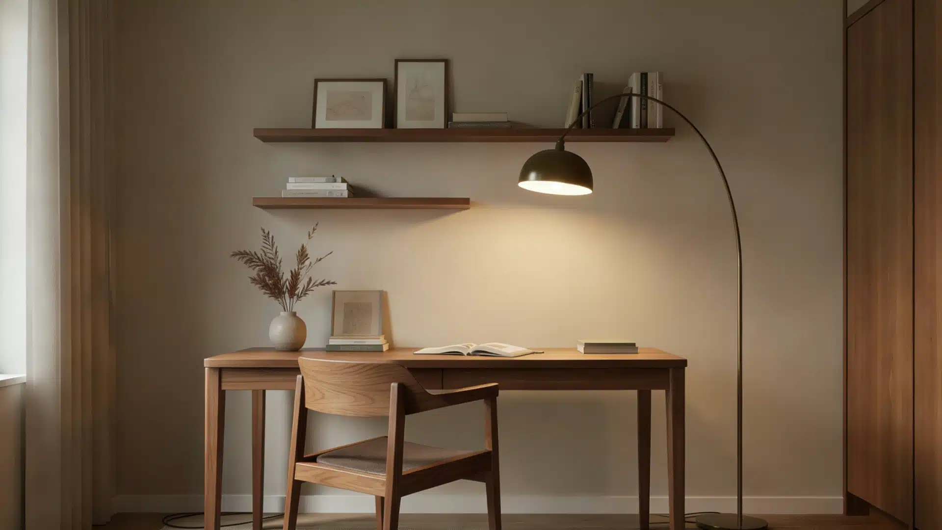 Minimalist home office setup featuring a wooden desk and chair illuminated by a floor lamp, with floating shelves above