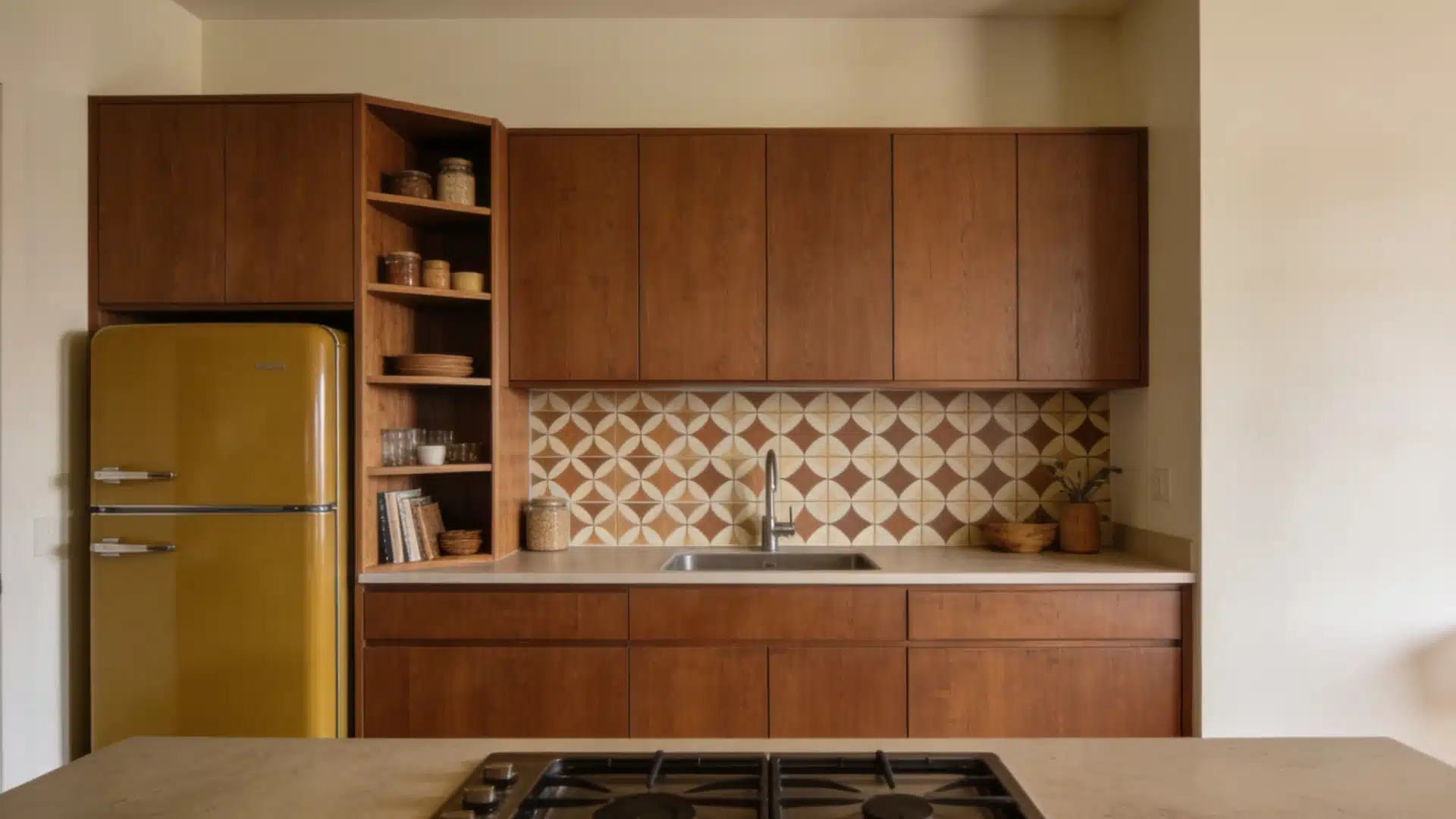 Retro kitchen featuring mustard yellow refrigerator, rich wood cabinetry, and a patterned brown and cream geometric tile