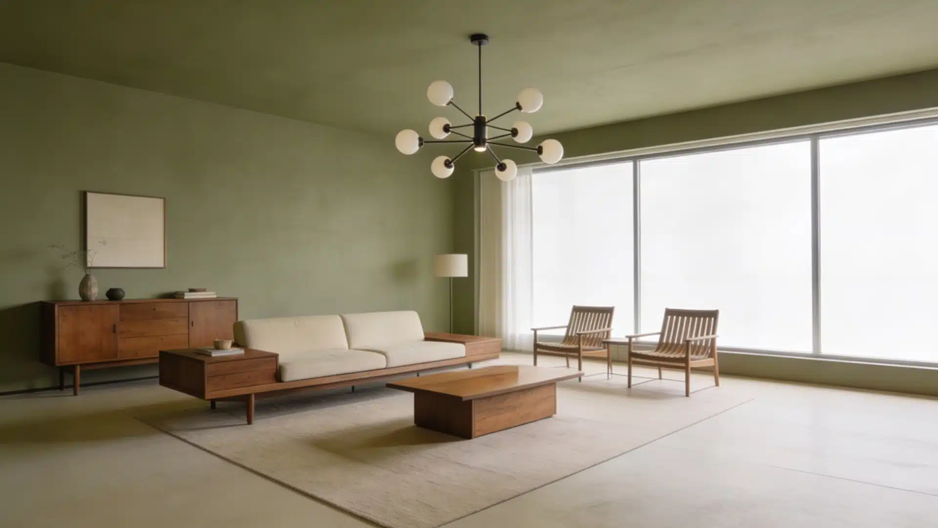 Mid century modern living room featuring sage green walls, a Sputnik chandelier, a low wooden sofa, and two wooden chairs