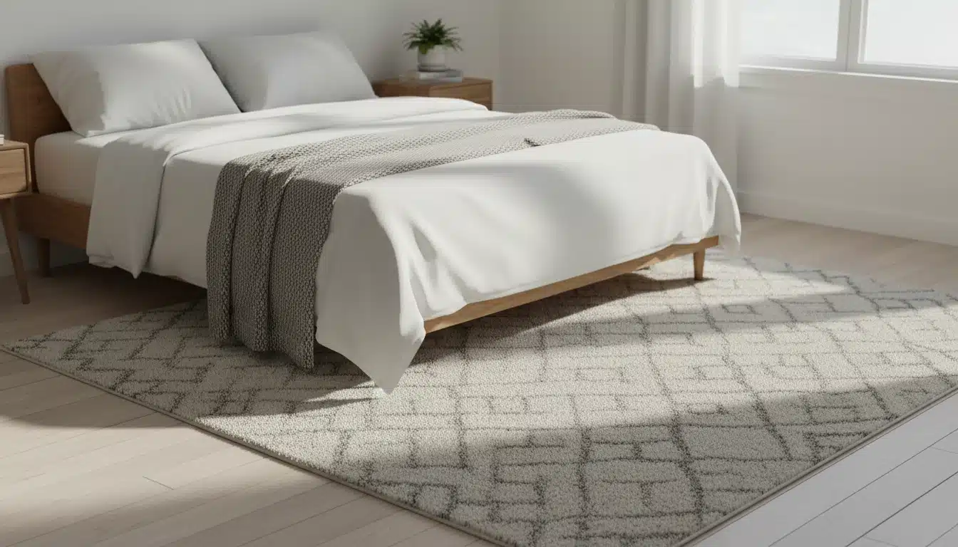 Minimalist bedroom featuring a wooden bed with crisp white linens, a gray throw blanket, and a light gray geometric area rug on pale wood flooring.