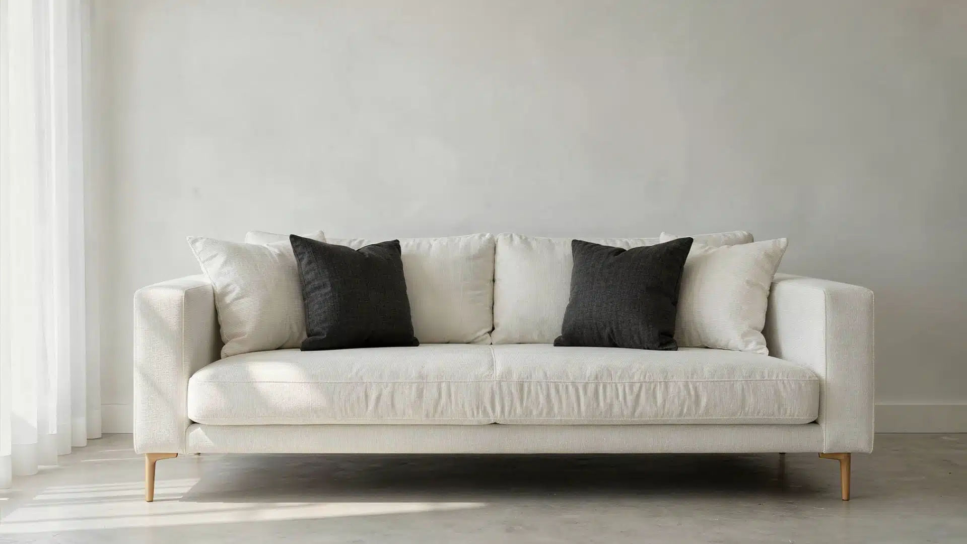 Light colored fabric sofa with white and charcoal throw pillows set against a minimalist white wall near white curtains