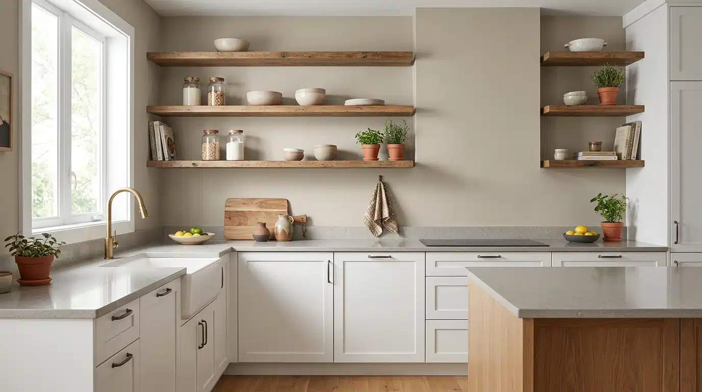 Modern farmhouse kitchen featuring white shaker cabinets, light gray countertops, exposed rustic wooden shelving, and a brass gooseneck faucet beside a large window