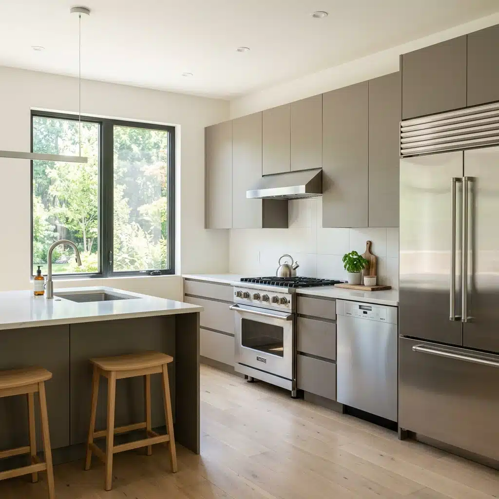 Modern kitchen featuring taupe cabinetry, stainless steel appliances including a Viking range and large refrigerator, light wood flooring, and a large window overlooking greenery