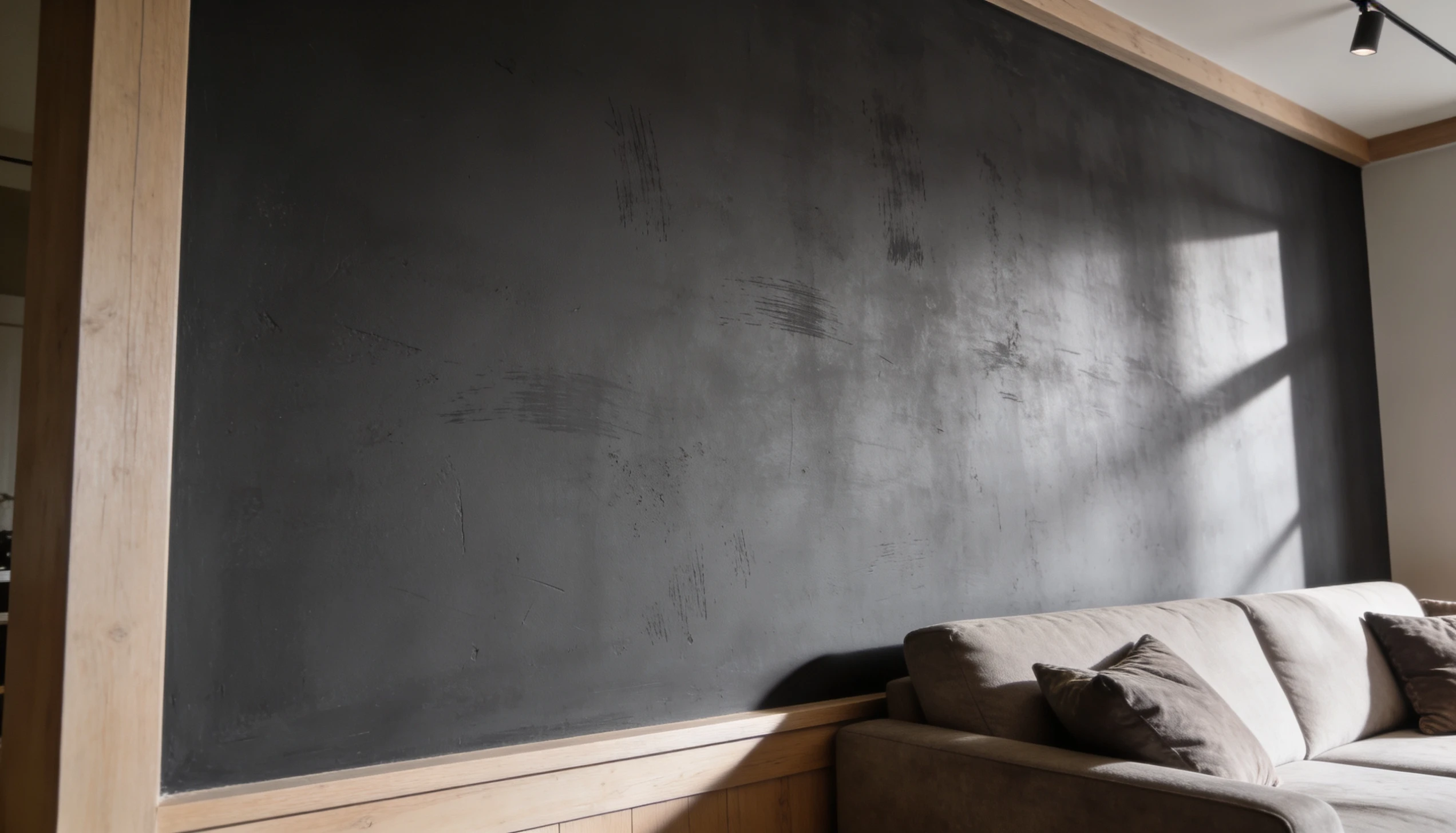 Modern living room with charcoal grey textured accent wall, soft natural light, sofa, and wood trim showing a home interior