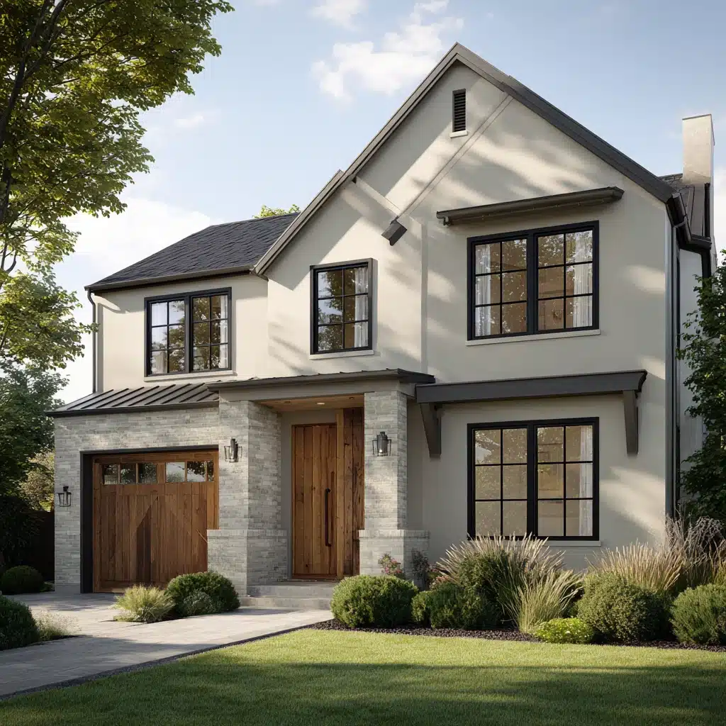 Modern white brick house with black windows a wood door and green grass along a stone path for a clean look inthe garden (2)