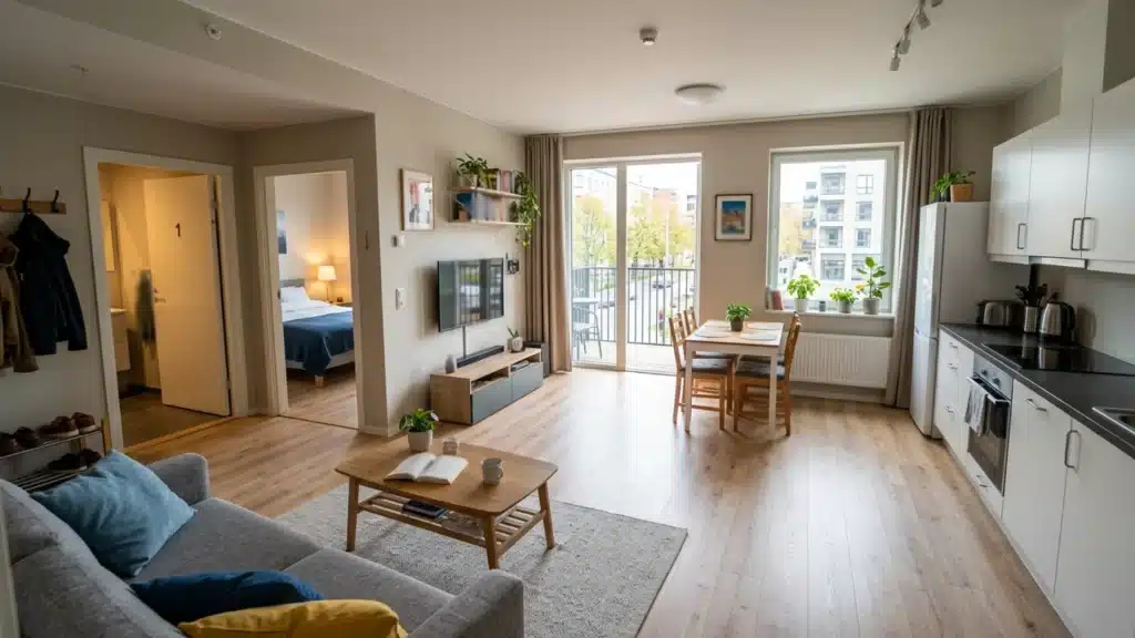 Open-concept space featuring a sofa, coffee table, dining area, white kitchen cabinetry, and doorways leading to a bedroom and entryway