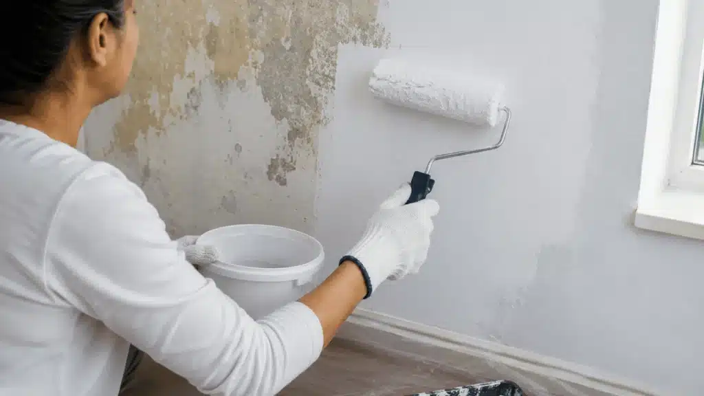Person repainting damaged wall over lead paint with primer and roller during safe home renovation process