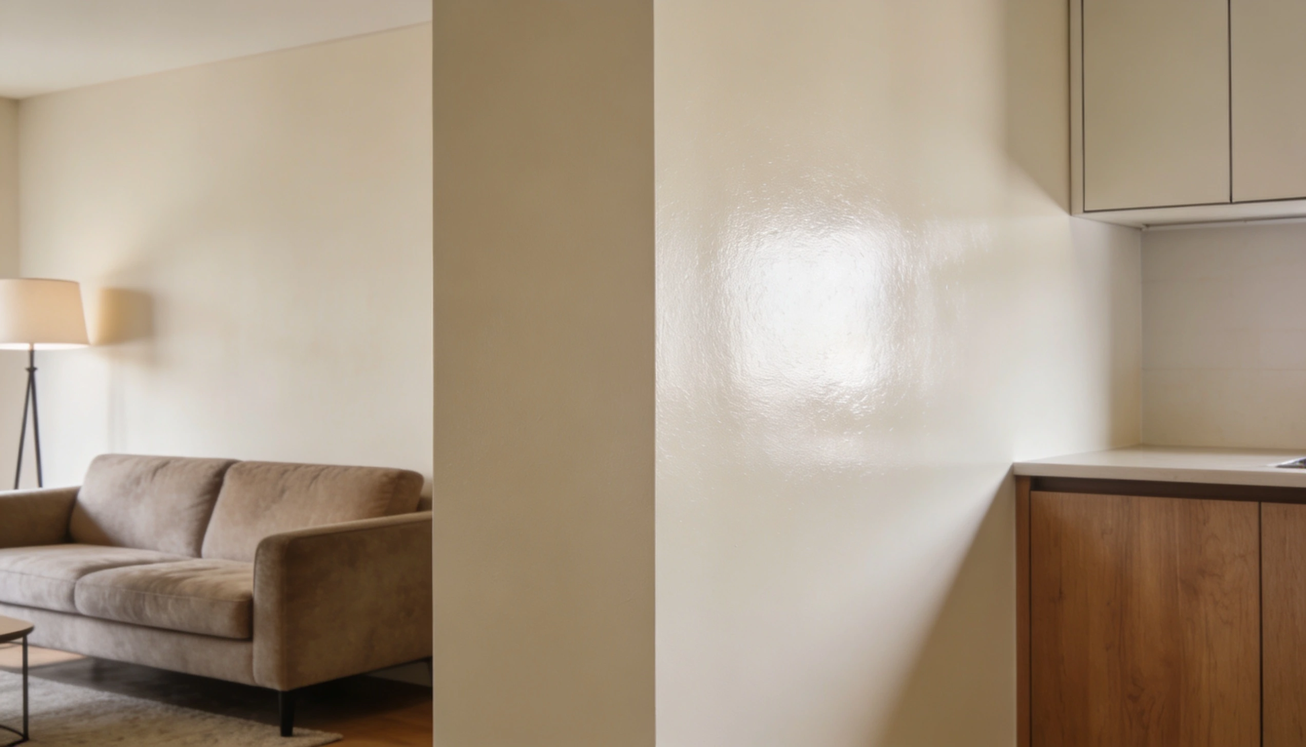 Minimalist living space featuring a beige sofa lamp and a wooden cabinet