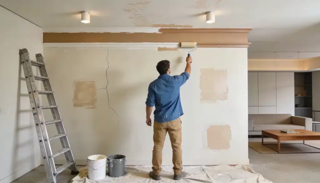 Realistic interior painting scene showing wall prep paint work and tools affecting overall cost