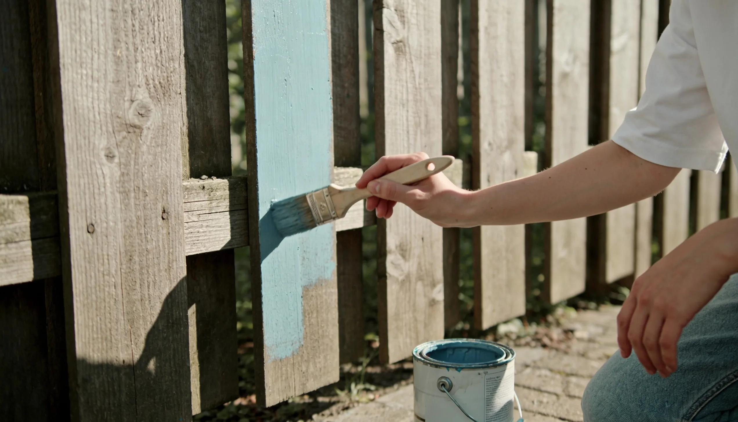 A person in casual clothing paints a wooden fence light blue with a brush