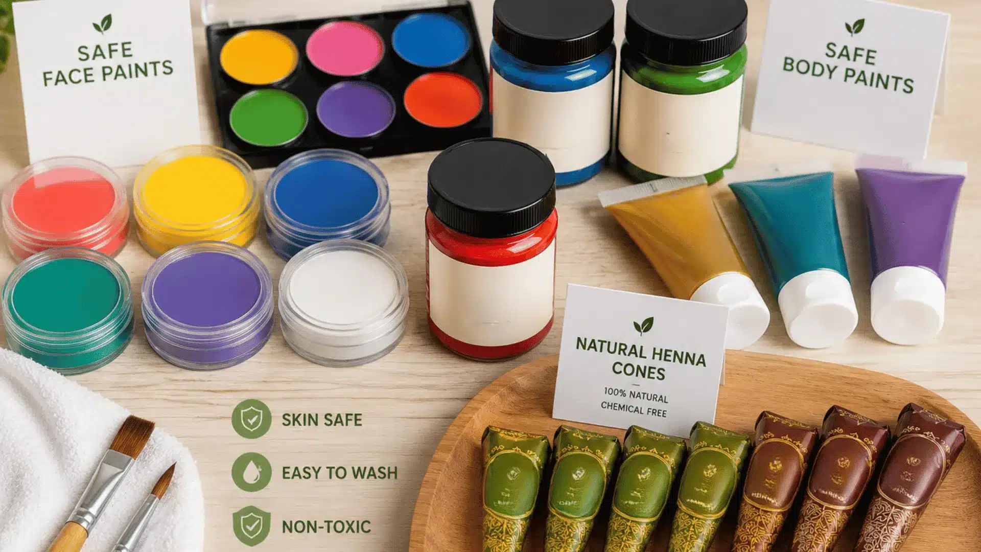 Safe face paints and henna products arranged neatly on a table with bright cosmetic colors