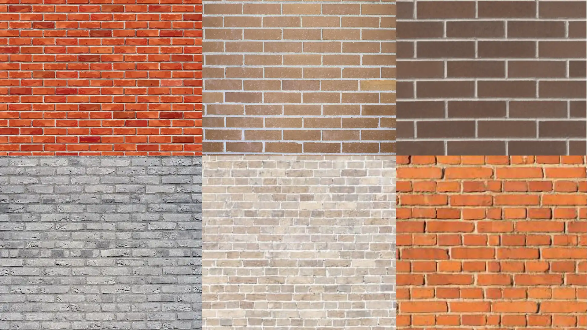 Six distinct brick wall textures, featuring red, tan, dark brown, gray, beige, and orange bricks, arranged in a two by three grid pattern.
