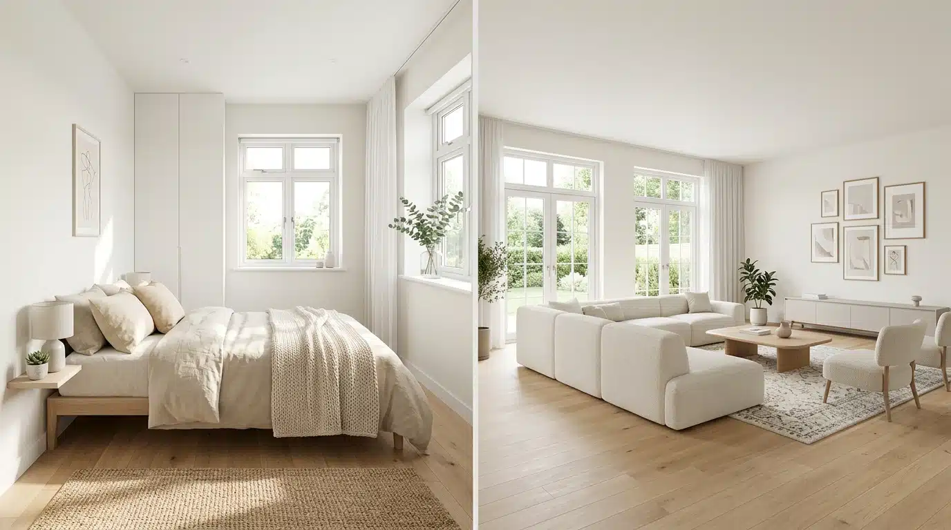 Split image showcasing a bright, minimalist bedroom on the left and a modern living room with a sectional sofa and gallery wall on the right, both featuring light wood floors and white walls