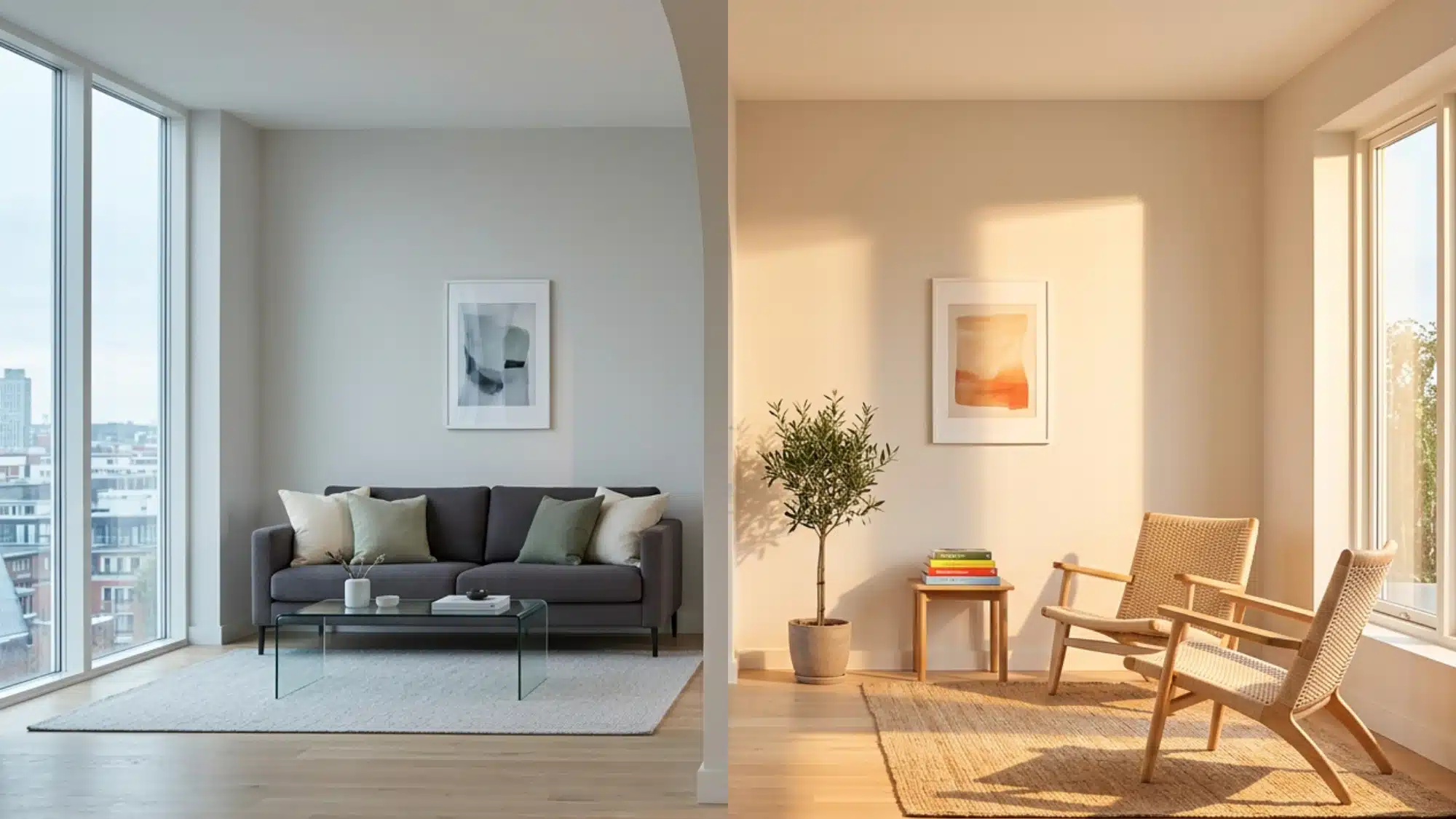 Split view of a modern living room with a gray sofa next to a sunlit sitting area featuring two wooden chairs and an olive tree