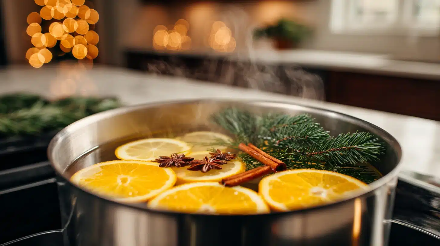 Steaming pot of simmering water on a stovetop filled with orange slices, cinnamon sticks, star anise, and a sprig of pine, with warm bokeh lights in the background.