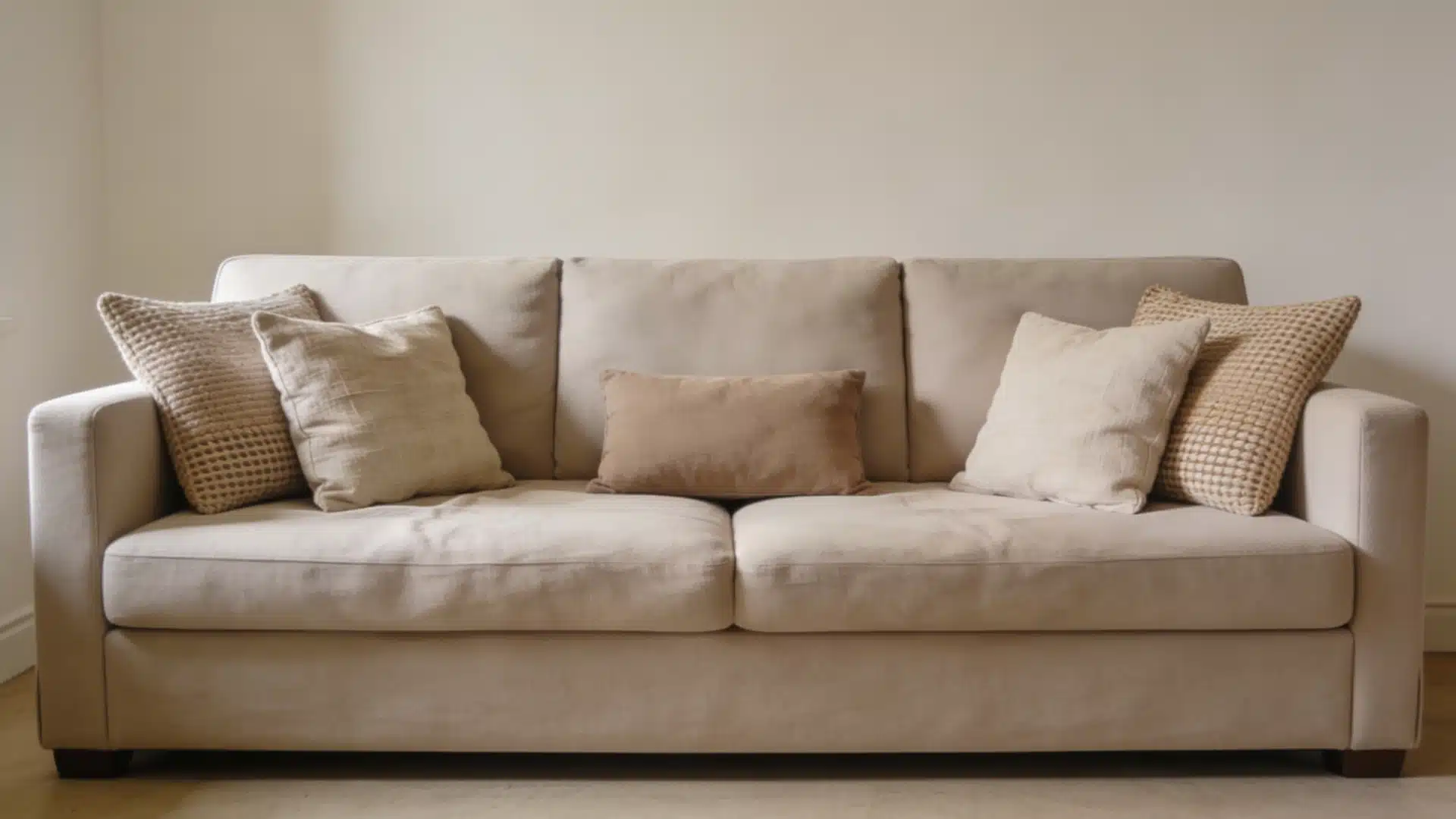 Beige three seater sofa adorned with several textured, neutral toned throw pillows against a pale wall