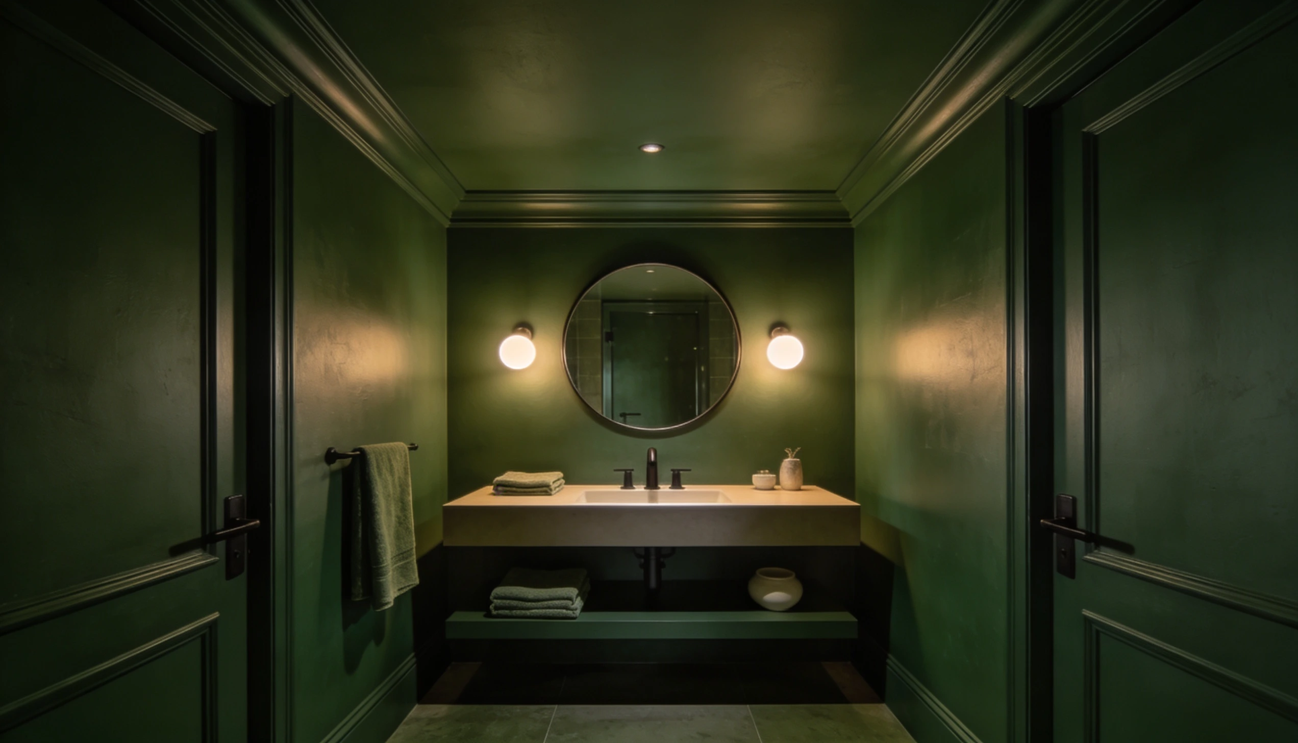 Symmetrical dark green bathroom vanity area featuring a round mirror, two globe sconces, and a floating countertop flanked by paneled doors.