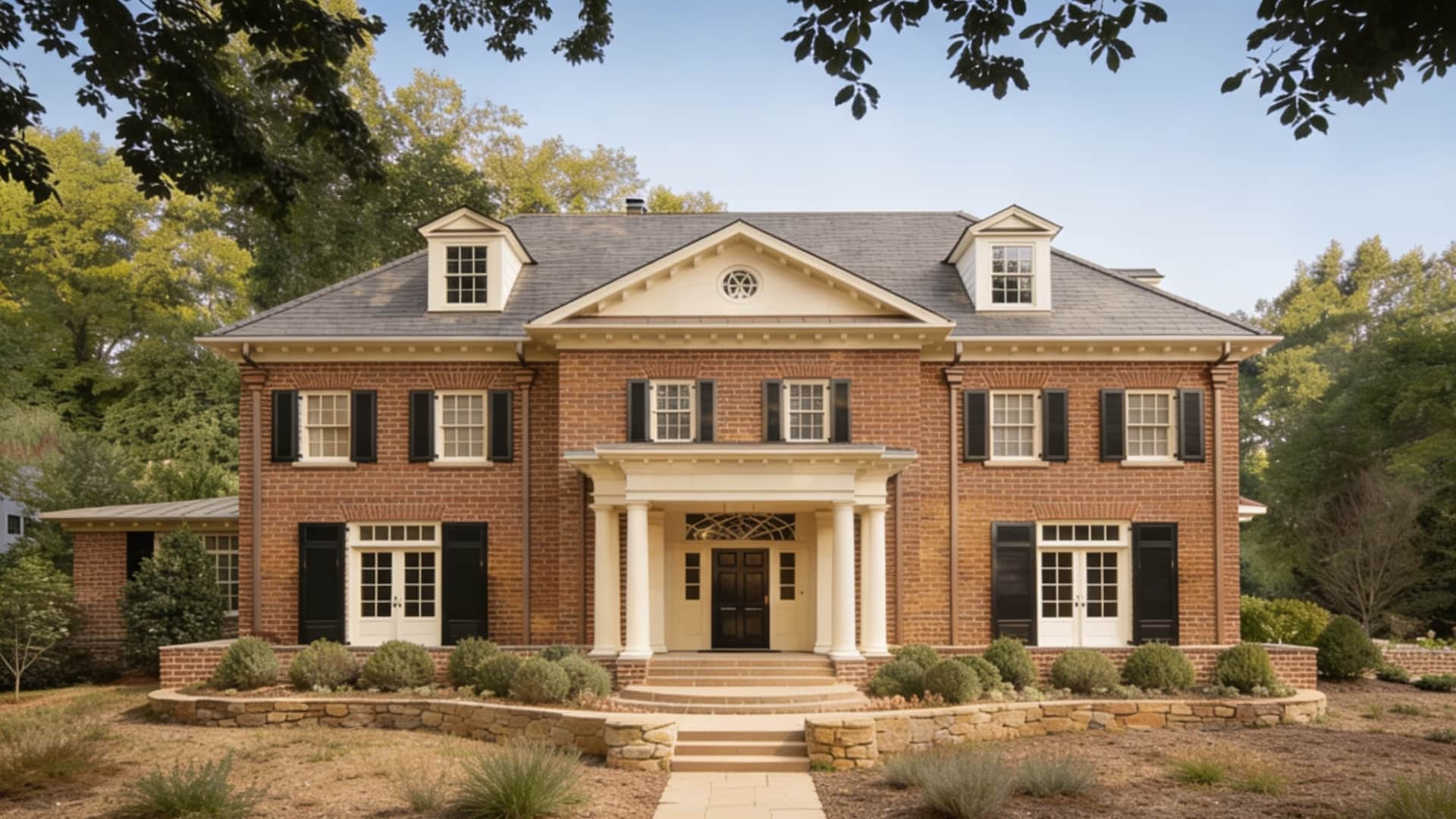 Symmetrical Georgian brick house with a gray slate roof, beige portico supported by columns, black shutters, and landscaping.
