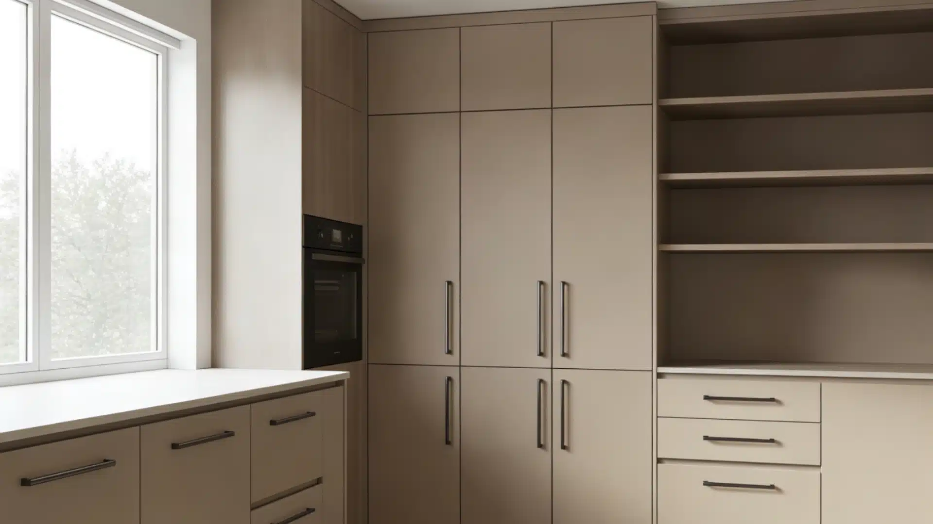 Modern kitchen interior featuring tall cabinetry, built in black oven, and white countertops