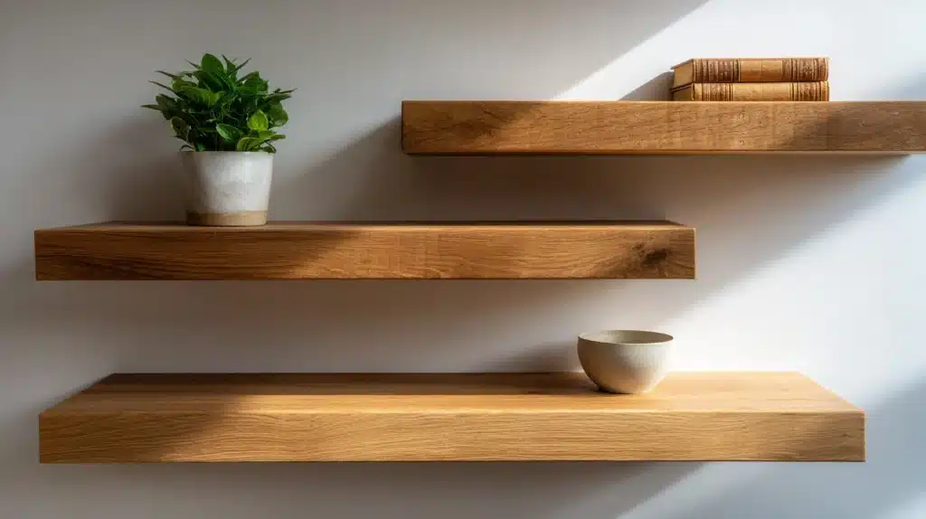 Three thick, light oak floating shelves mounted on a white wall display a potted plant, two stacked antique books, and a small ceramic bowl, illuminated by strong diagonal sunlight.