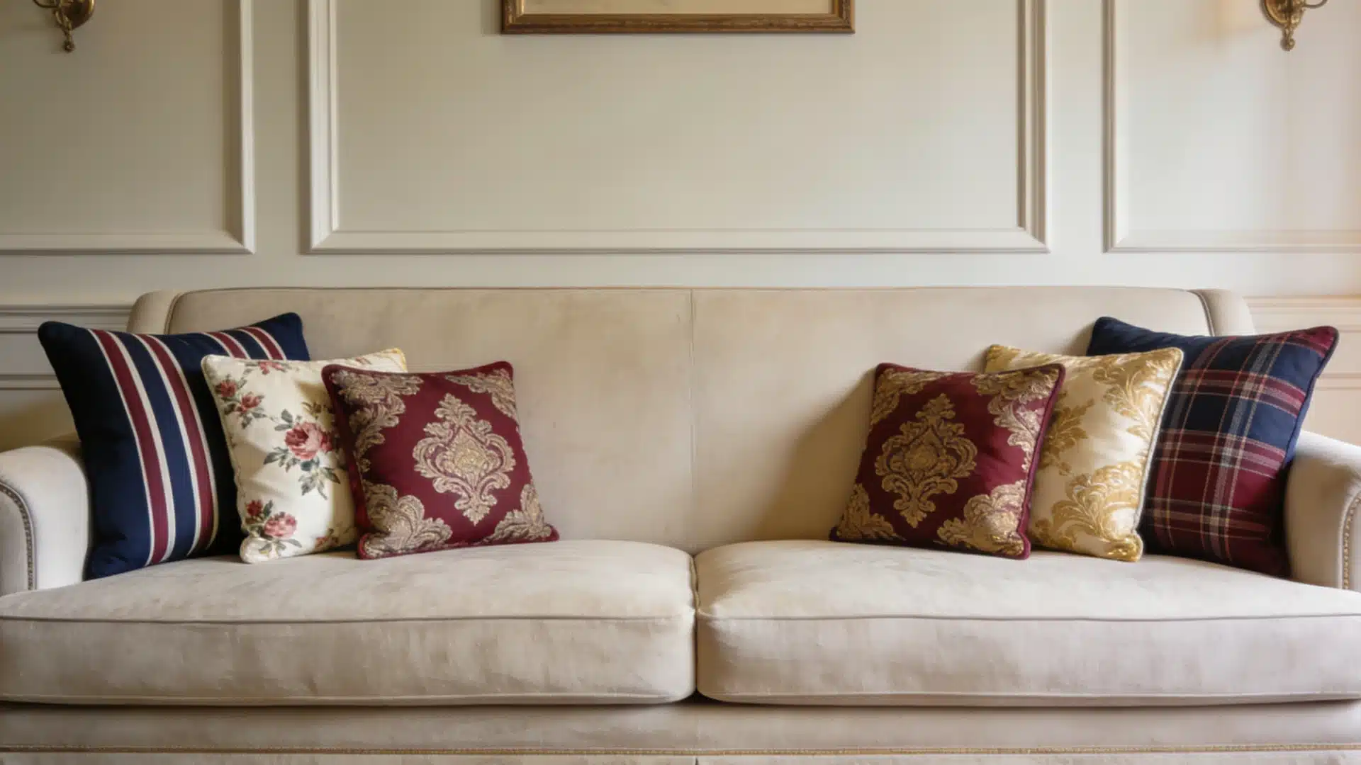 A cream colored sofa with decorative throw pillows featuring navy stripes, floral patterns, burgundy, and gold