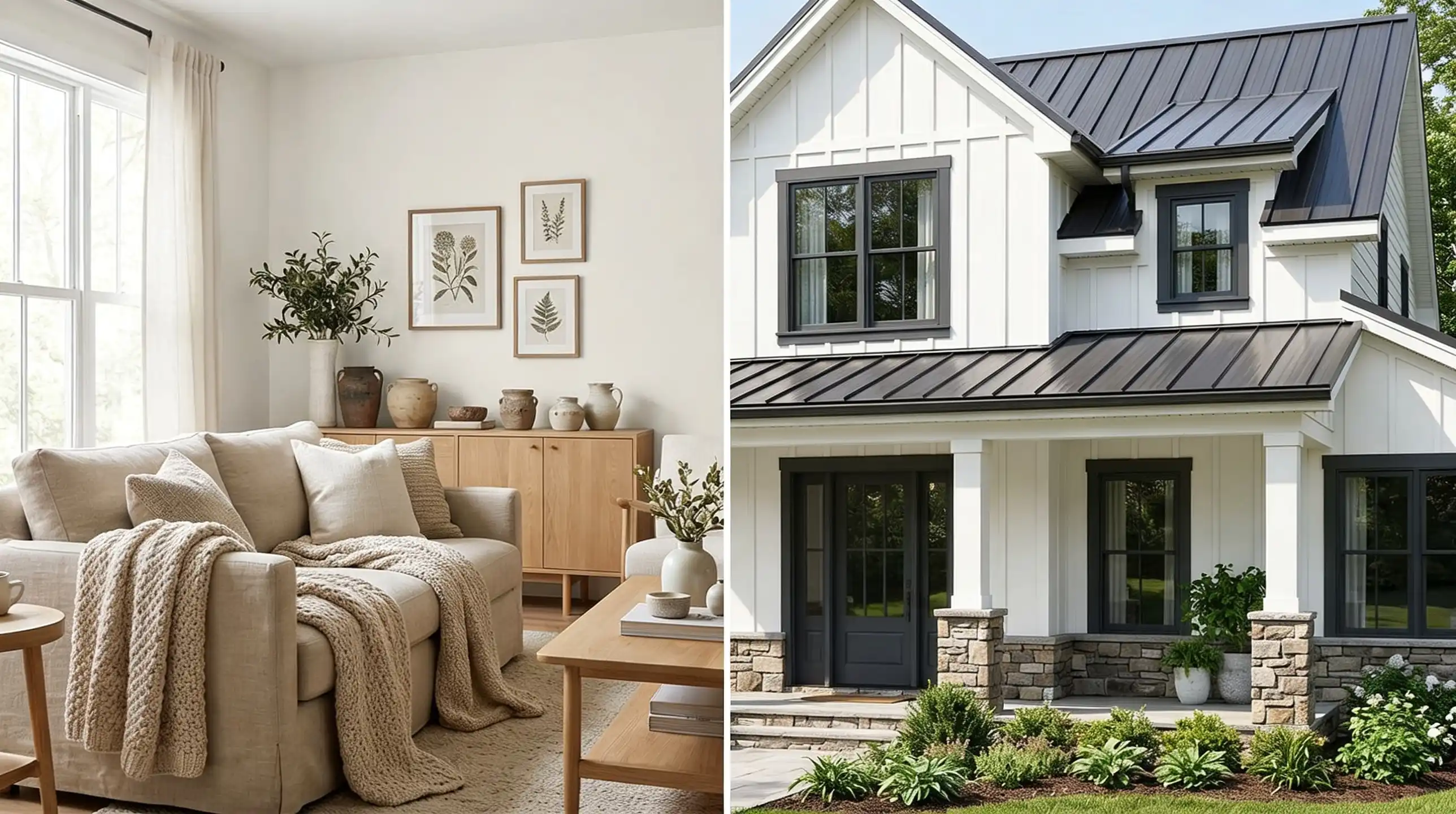 Two images of a house featuring a white front door and a black roof, showcasing different angles of the exterior