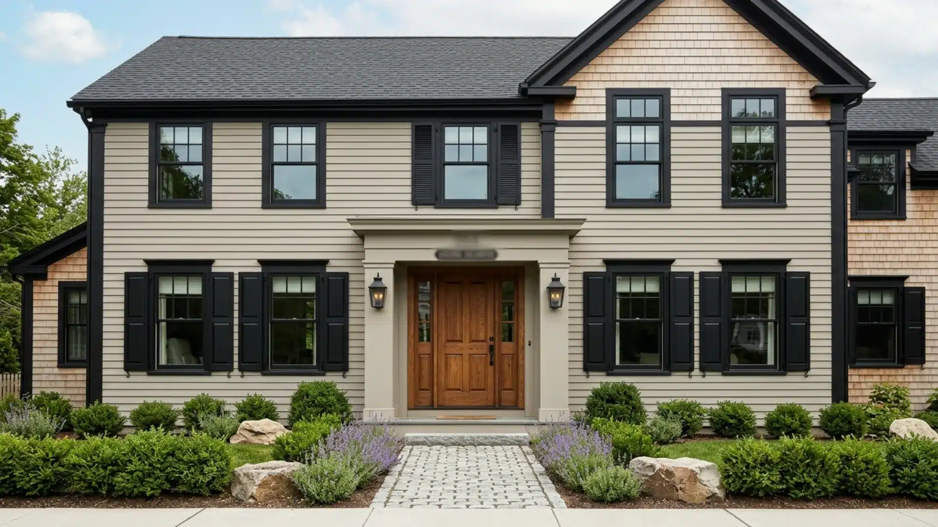 Two-story beige clapboard home with black trim and shutters, featuring a prominent wooden front door and a stone walkway bordered by green shrubs