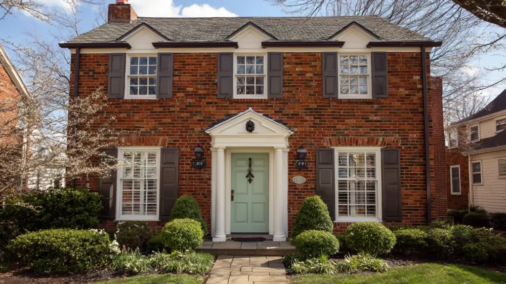 Two story red brick colonial house featuring a light mint green front door, dark shutters, and manicured landscaping under a partly cloudy sky.
