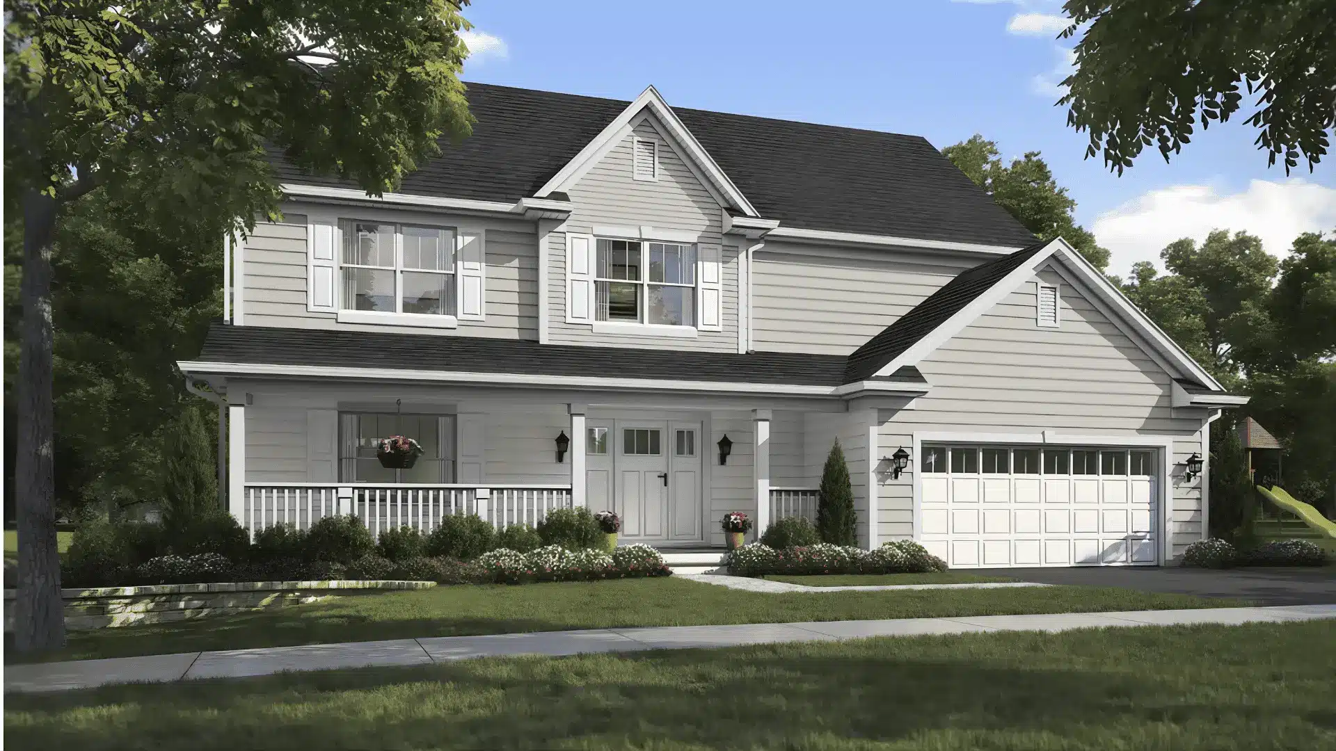 Two-story suburban home with city loft sherwin williams light neutral exterior shade, white trim, garage, and landscaped front yard