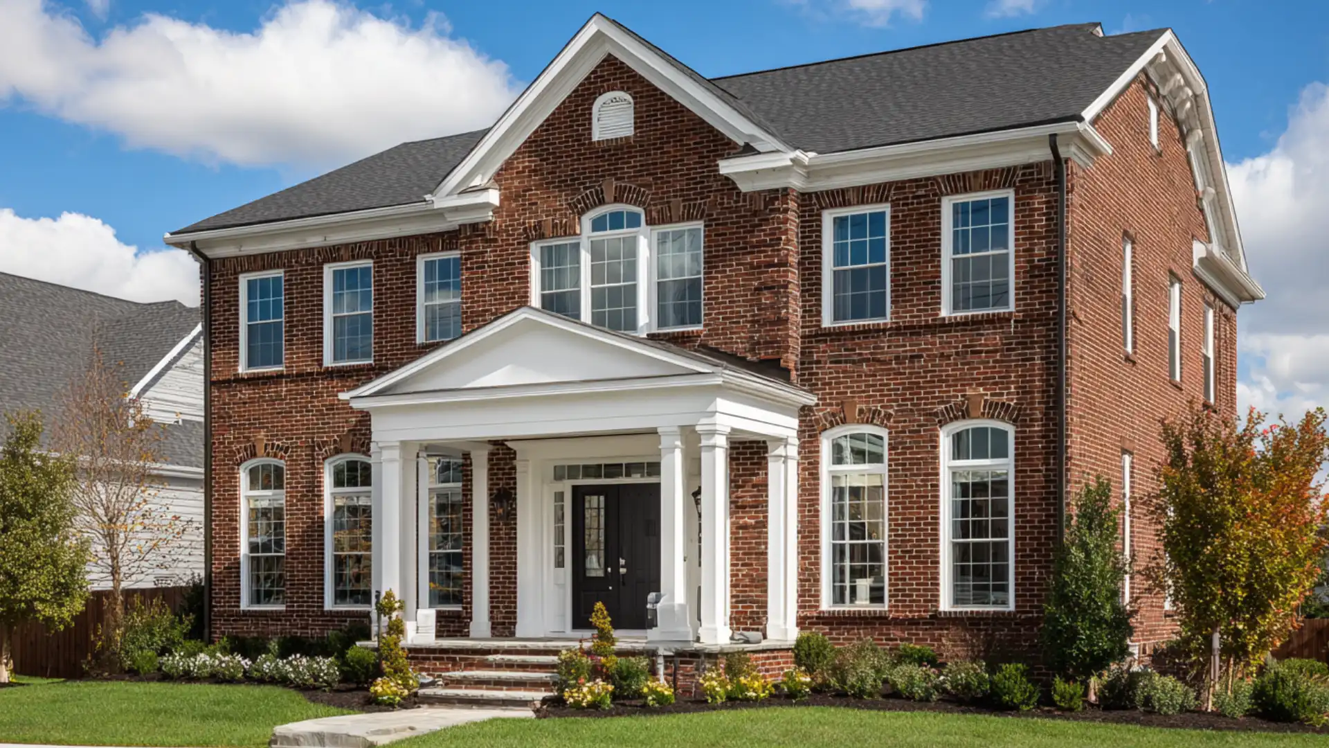 Two story traditional brick home featuring white columned portico over a black double front door under a dark roof against a partly cloudy blue sky.