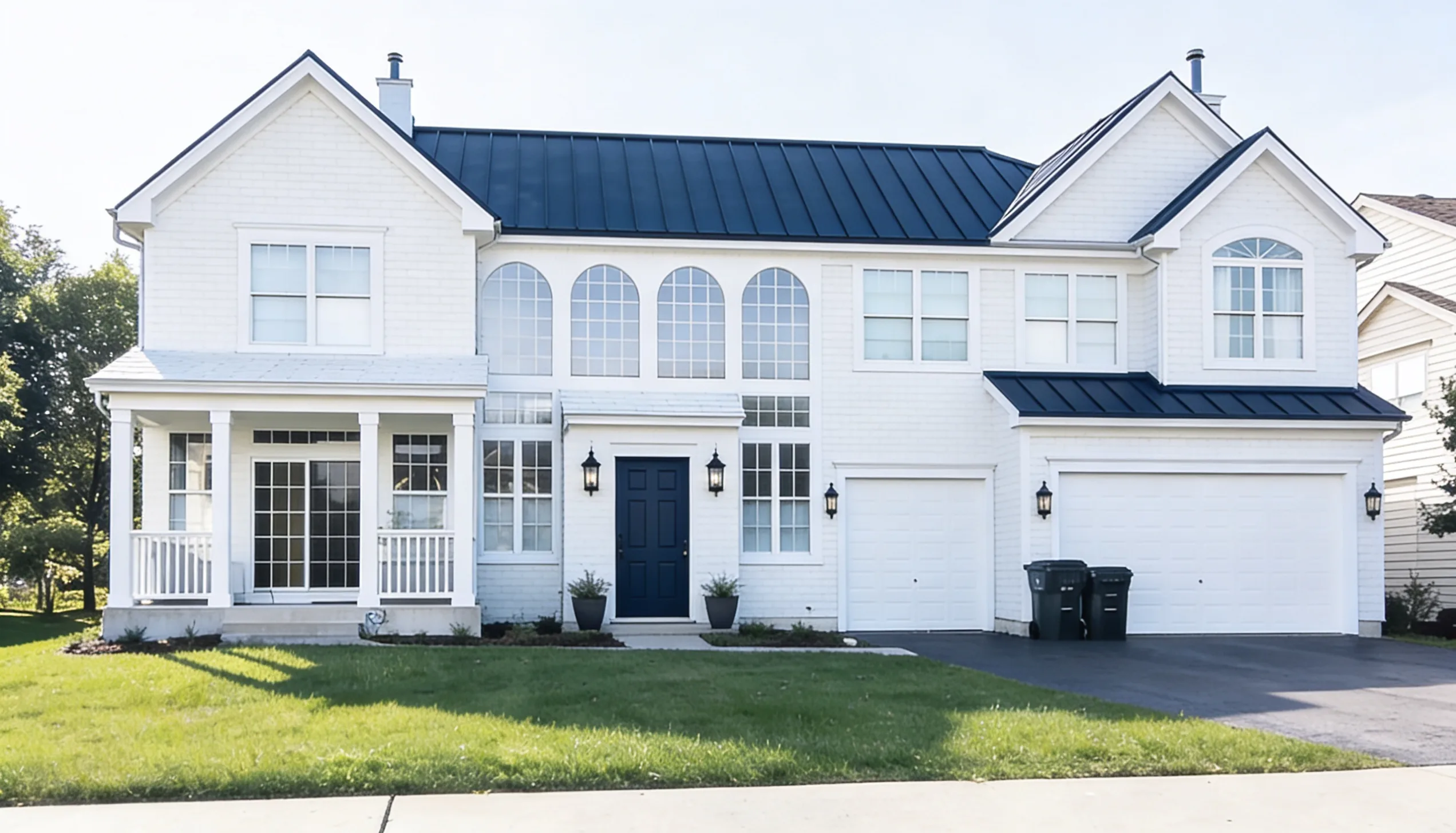 Two story white farmhouse style home featuring a dark blue metal roof, a prominent front porch, a navy blue front door, and a two car garage under bright daylight.