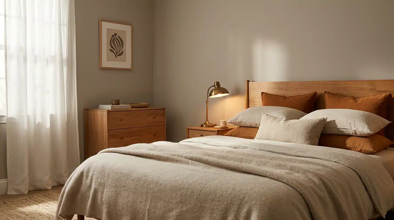 Warm, neutral-toned bedroom featuring a wooden bed with terracotta and cream linens, a brass bedside lamp, and natural light filtering through sheer white curtains