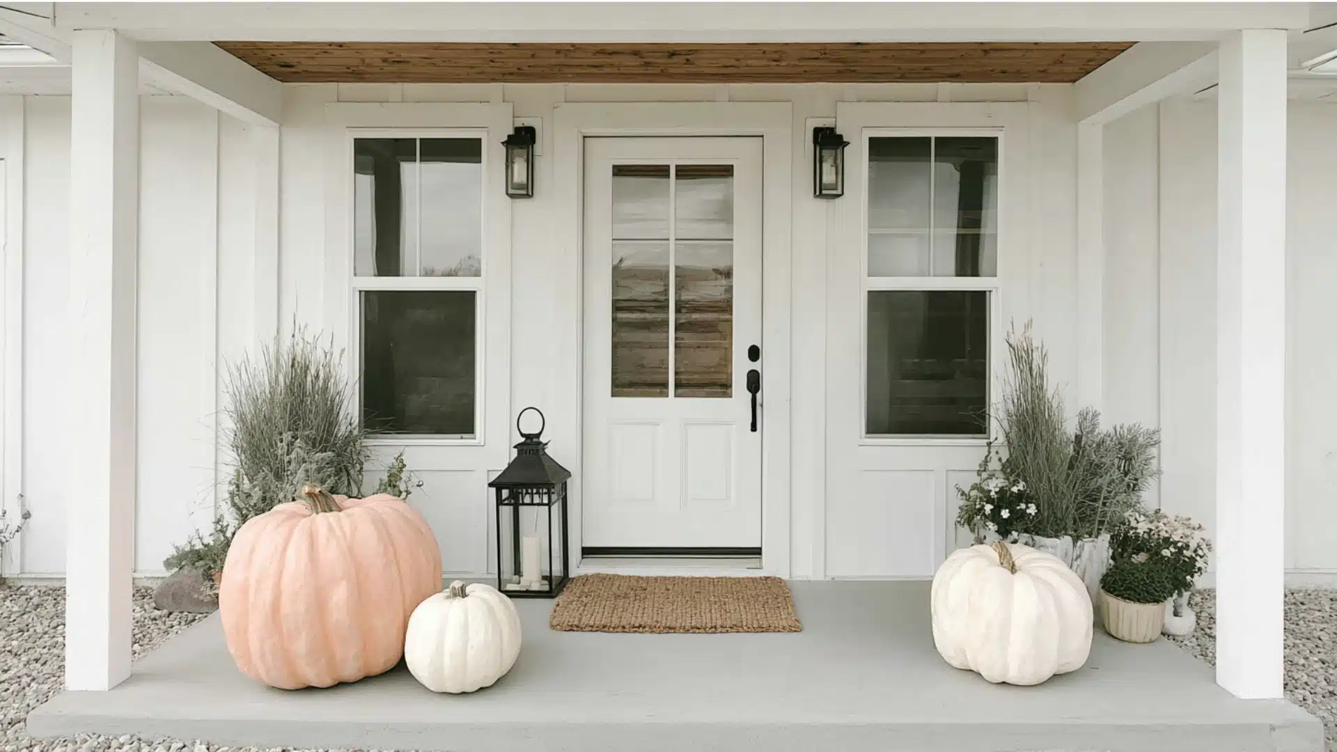 White farmhouse porch decorated for autumn with blush and white pumpkins, greenery, and a black lantern flanking a white door.