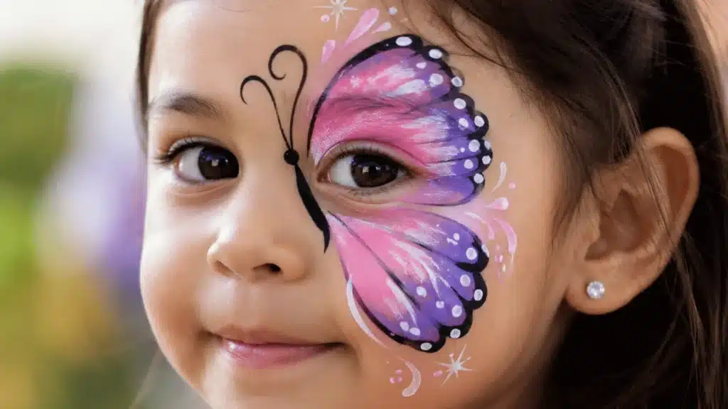 Young girl with colorful butterfly face paint smiling in soft natural outdoor lighting